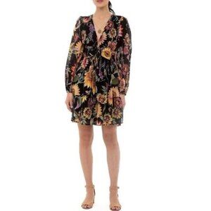 Banjanan Black Floral Dress Size small Long sleeve, lined, V neck back tie